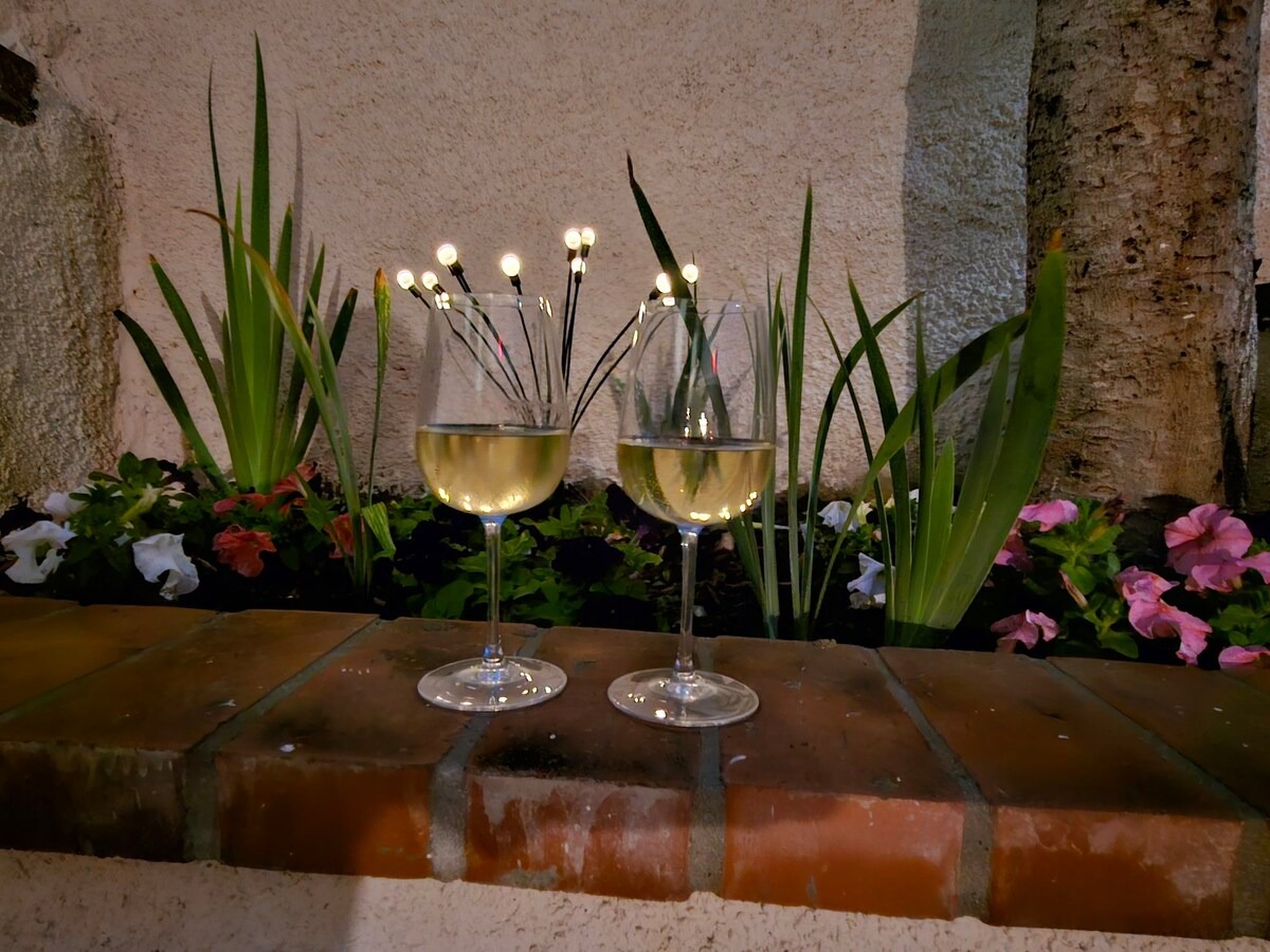 Due calici di vino nel giardino illuminato la sera